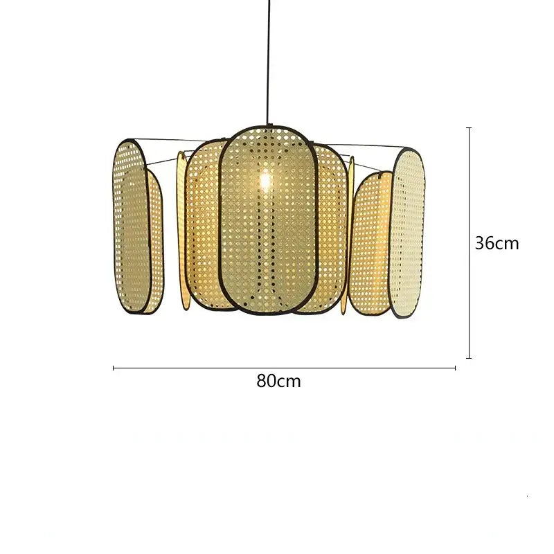 Modern pendant light with decorbites bamboo core rattan woven oval panels in beige framed by black metal edges