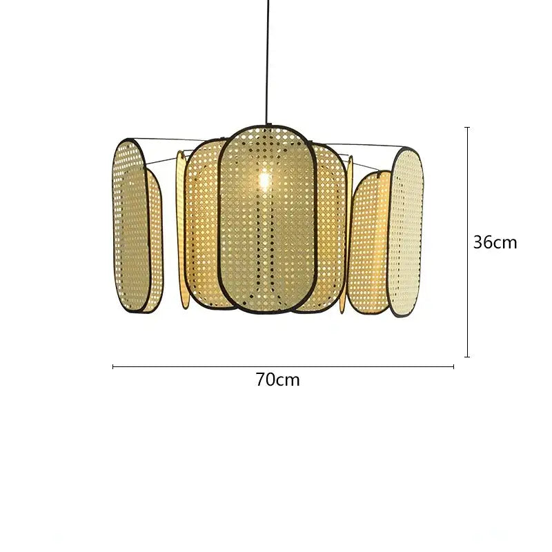 A decorbites bamboo core rattan chandelier kitchen pendant light with oval woven rattan panels and black metal frame