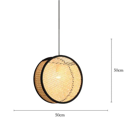 Decorbites bamboo core rattan chandelier pendant light with a round 50cm woven natural rattan shade and black frame