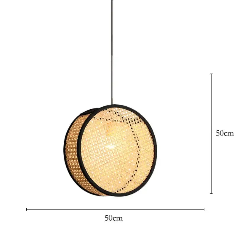 Decorbites bamboo core rattan chandelier pendant light with a round 50cm woven natural rattan shade and black frame