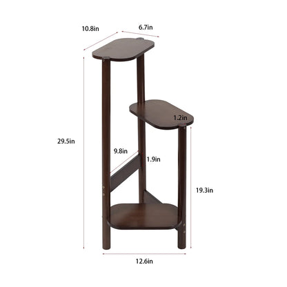 Dark brown bamboo three-tier corner plant stand with oval shelves and angled legs for garden balcony use