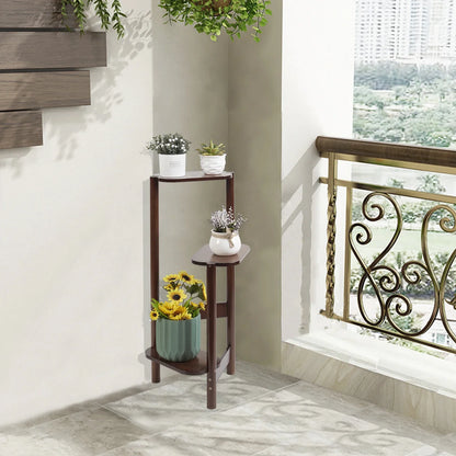 Decorbites™ bamboo dark brown wooden corner plant stand with three tiered shelves for garden balcony use
