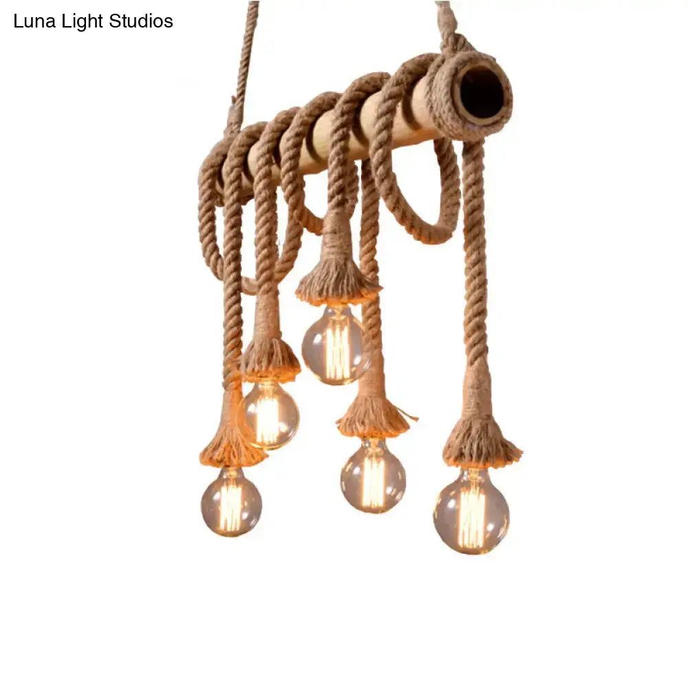DecorBites™ bamboo linear island chandelier in beige with rope wrap and five exposed filament bulbs in industrial style