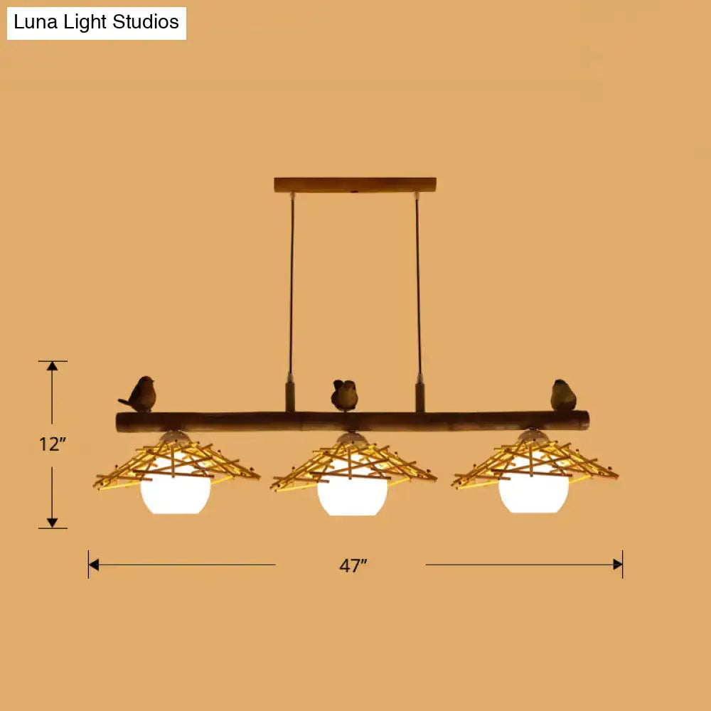Rustic wooden pendant light by decorbites with three woven bamboo shades white glass and decorative bird figurines art deco style