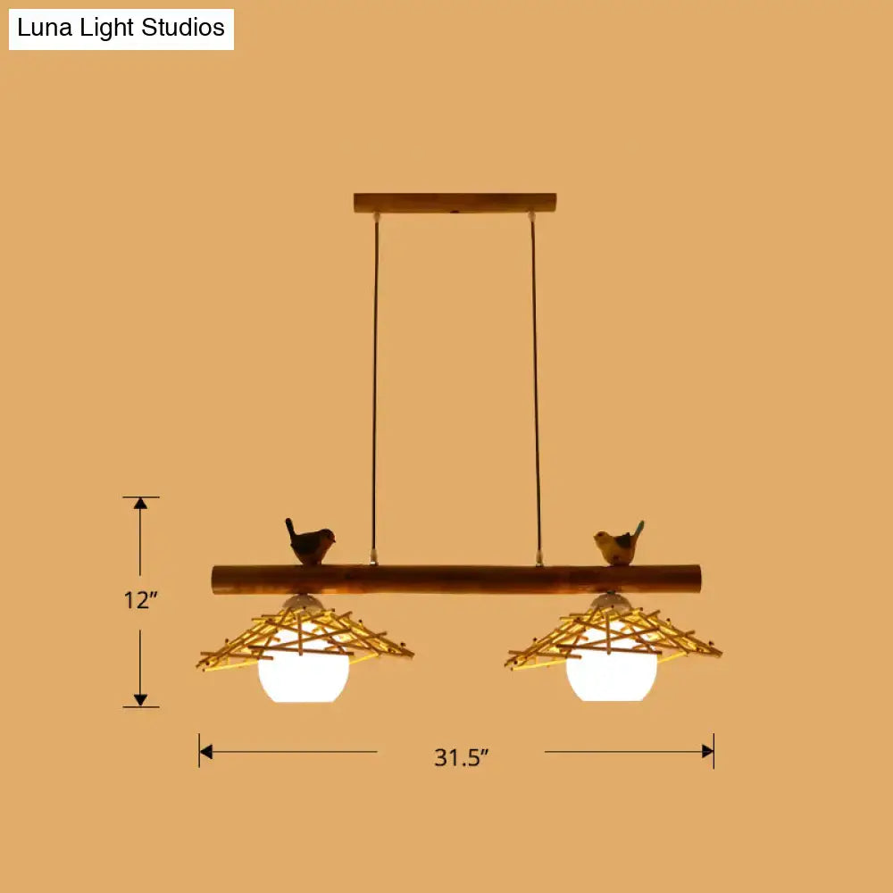 DecorBites™ bamboo pendant lighting with white glass shade, woven twig shades, art deco style, and bird figurines