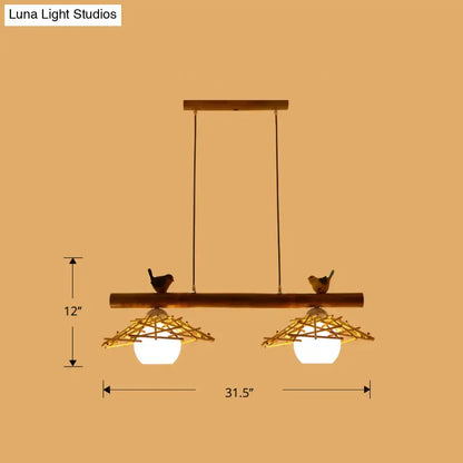DecorBites™ bamboo pendant lighting with white glass shade, woven twig shades, art deco style, and bird figurines