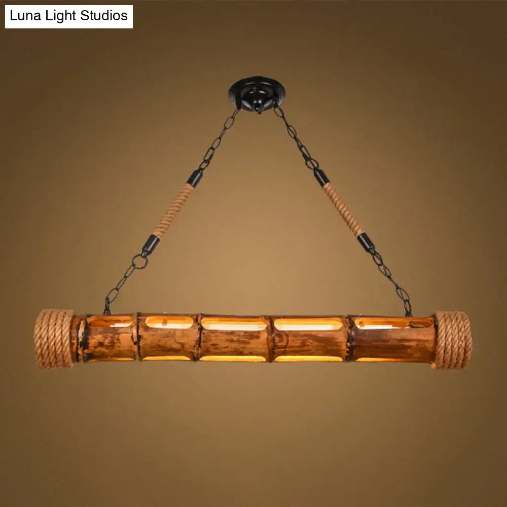 Decorbites bamboo pole led suspension light fixture in natural wood with rope accents emits warm glow for lodge style interiors