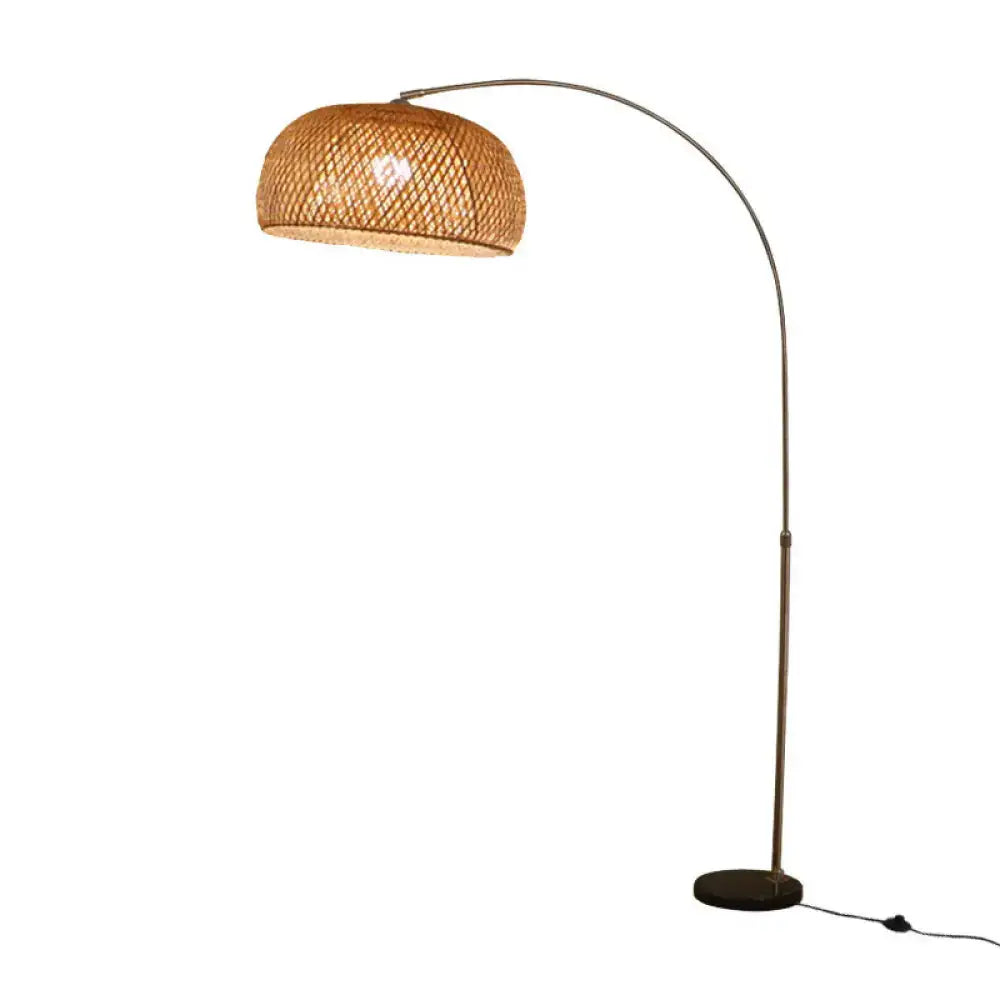 DecorBites bamboo standing fishing rod floor lamp with a warm-toned rattan shade and curved metal arch base wood reading light