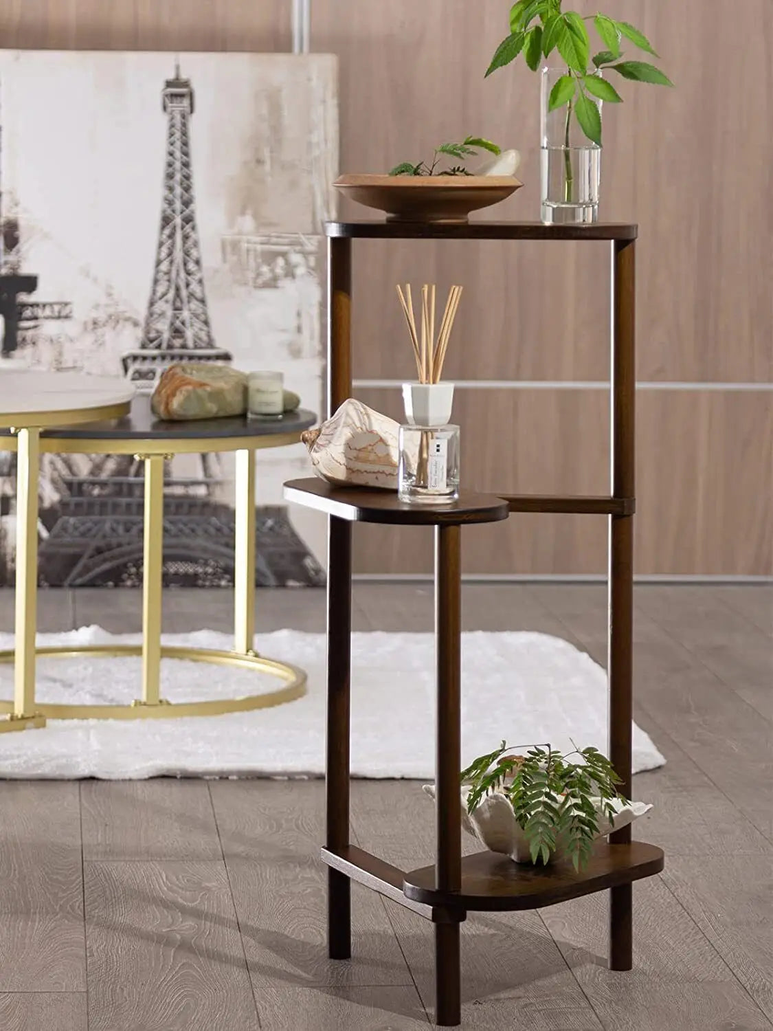 Dark brown wooden bamboo tall corner plant stand with three circular shelves and modern minimalist design