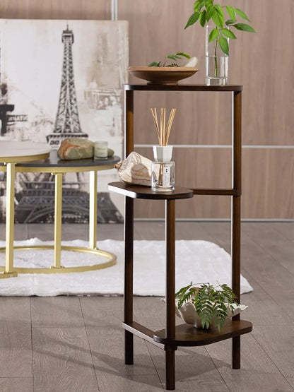 Dark brown wooden bamboo tall corner plant stand with three circular shelves and modern minimalist design
