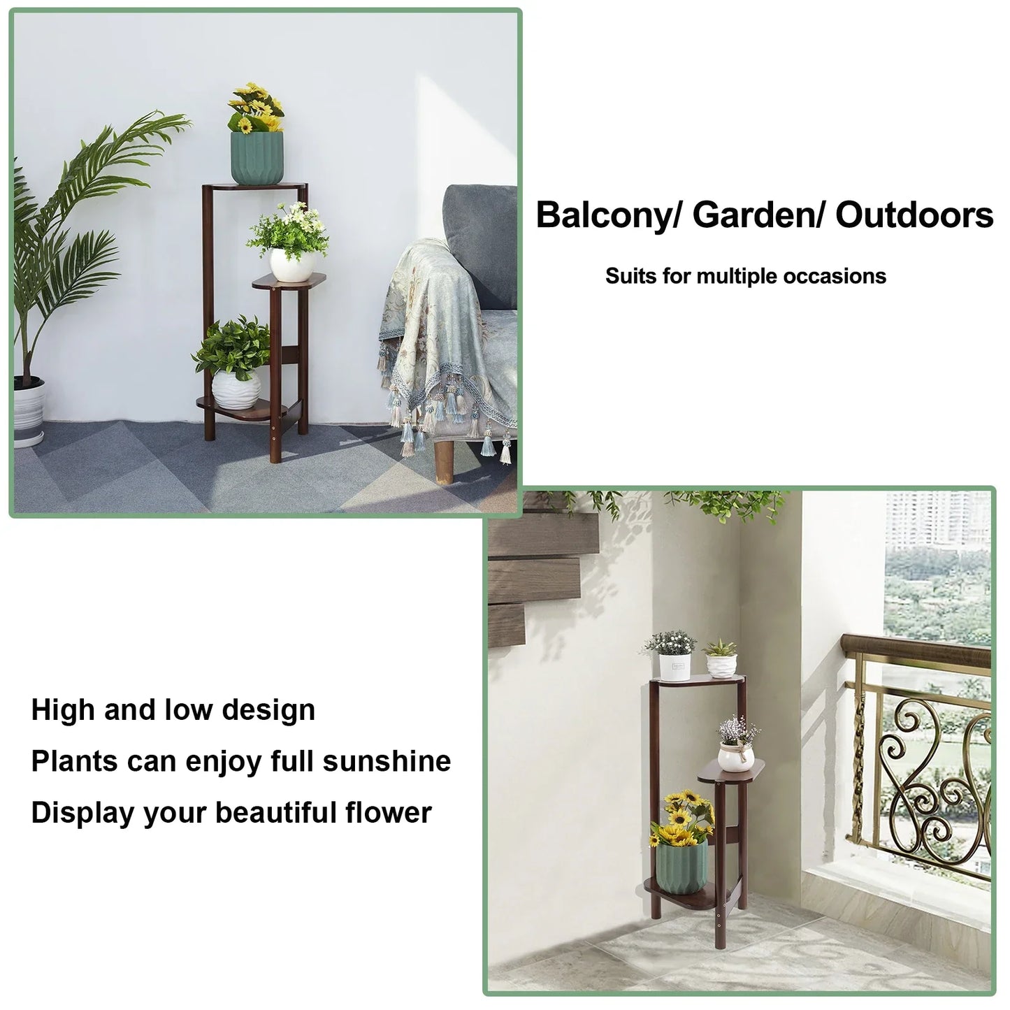 Dark brown wooden three-tier bamboo tall corner plant stand with curved legs and circular shelves for outdoor garden use