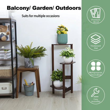 Dark brown bamboo tall corner plant stand with three tiers angled legs and rounded edges for outdoor garden use