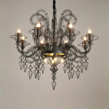 Black wrought iron decorbites baroque black white chandelier with intricate wirework and geometric crystal pendants
