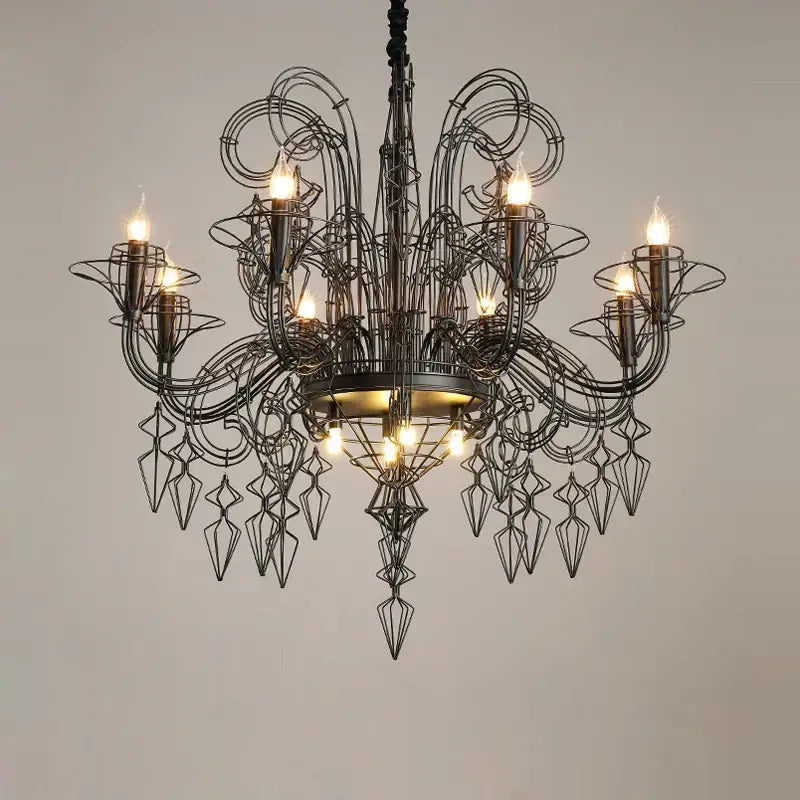 Black wrought iron decorbites baroque black white chandelier with intricate wirework and geometric crystal pendants