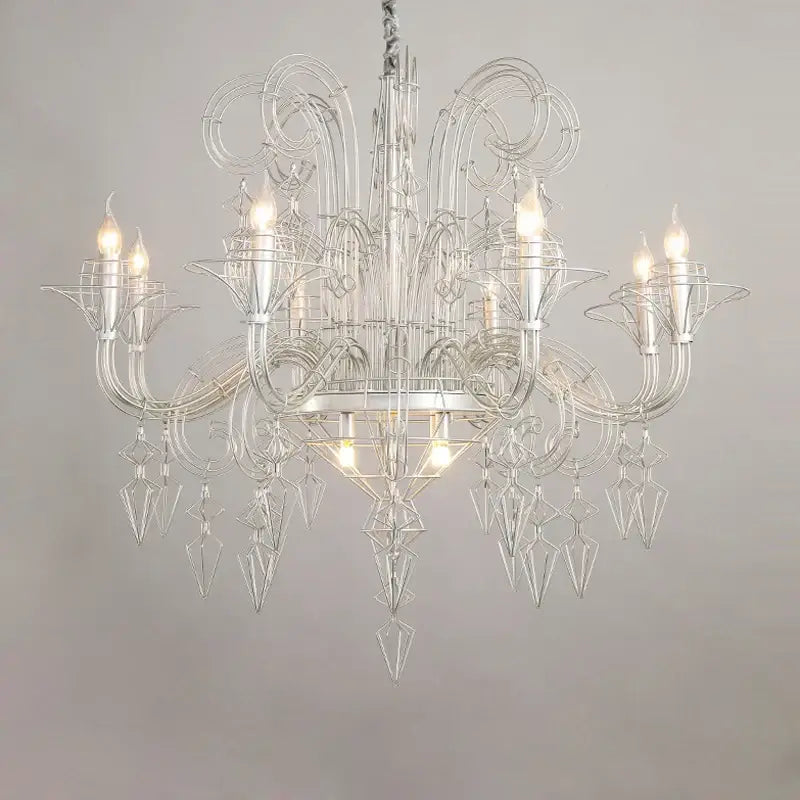 Elegant silver decorbites baroque iron designer led chandelier with intricate wireframe and crystal accents for foyer hanging lamp
