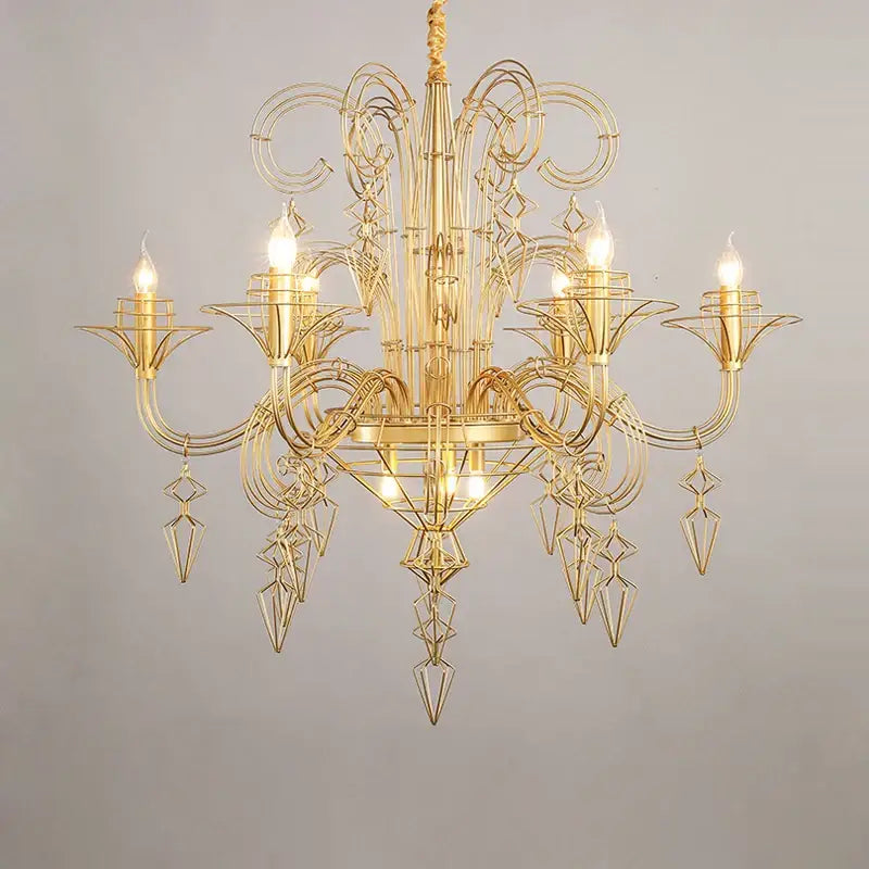 Decorbites baroque iron designer led chandelier with gold-toned intricate geometric and floral wirework and candle bulbs