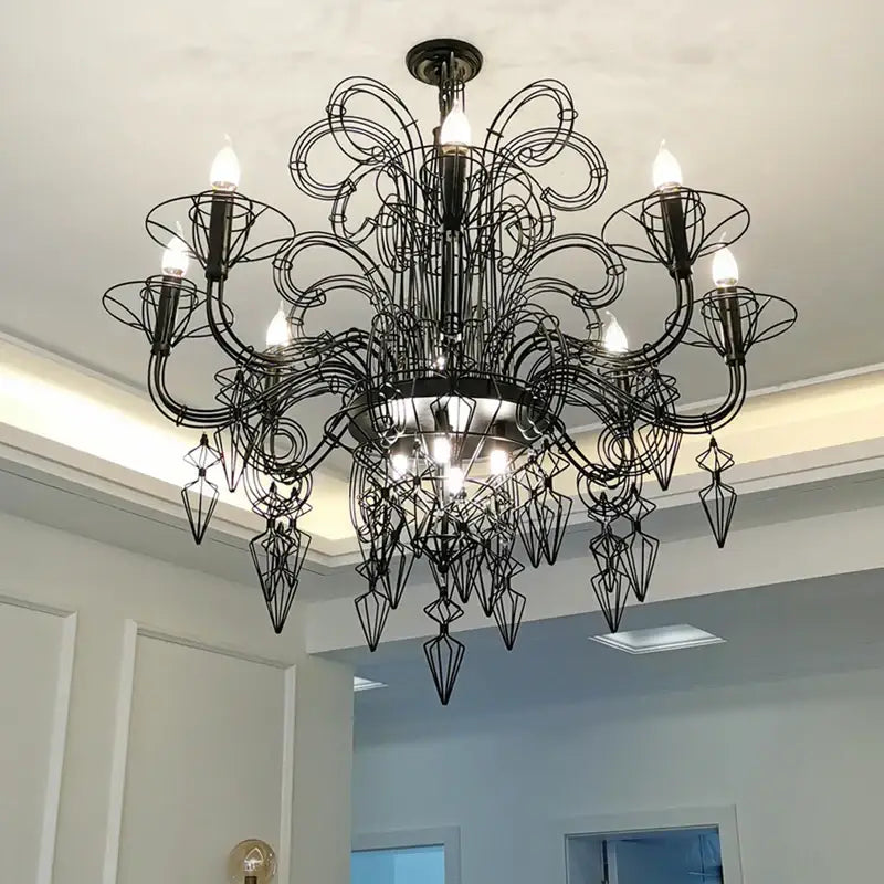 Decorbites baroque iron designer led chandelier with black wrought iron swirling arms and geometric crystal pendants