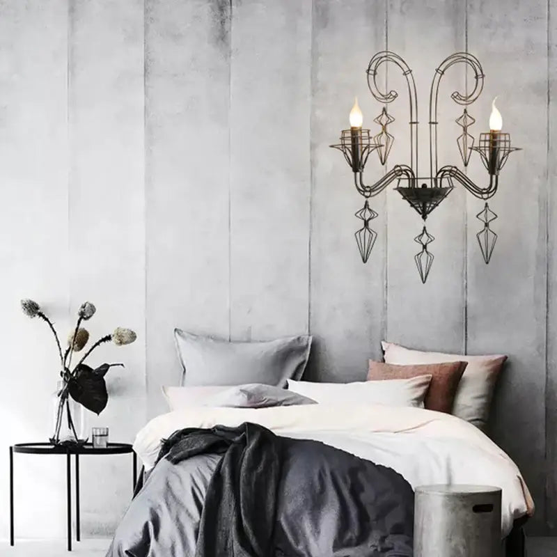 Black wrought iron decorbites baroque iron designer led chandelier with three lit candle bulbs and geometric crystal pendants