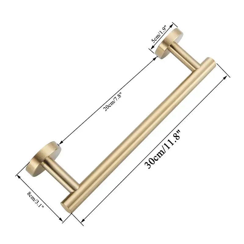 Gold-colored sleek metal towel rack with cylindrical handles in decorbites bathroom hardware set for modern bathrooms