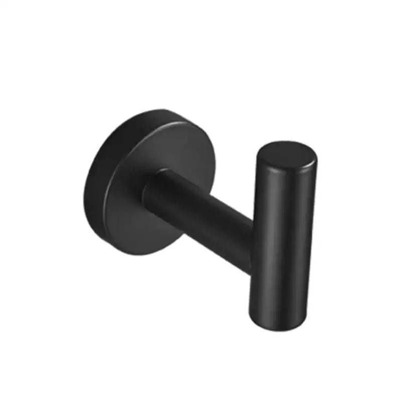 Black matte wall-mounted towel hook with circular base and cylindrical arm from decorbites bathroom hardware set