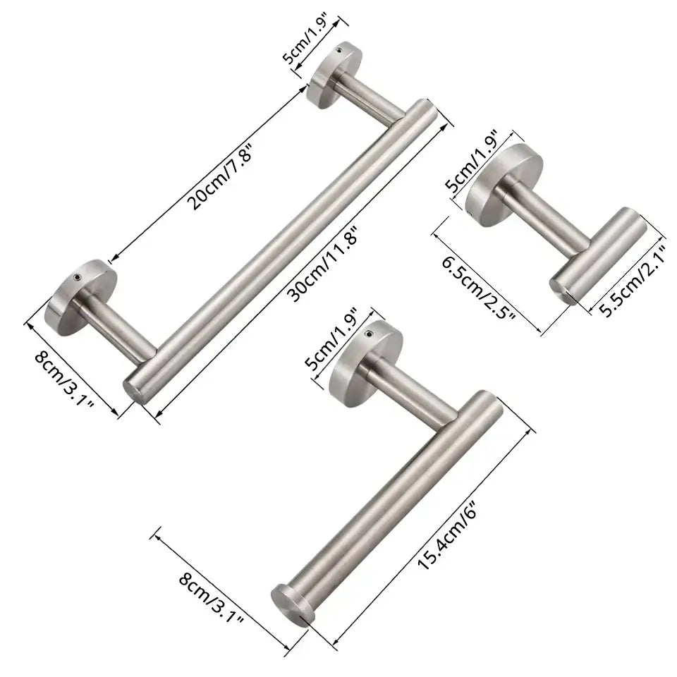 Set of three sleek brushed stainless steel towel bars with cylindrical handles in a Decorbites bathroom hardware set