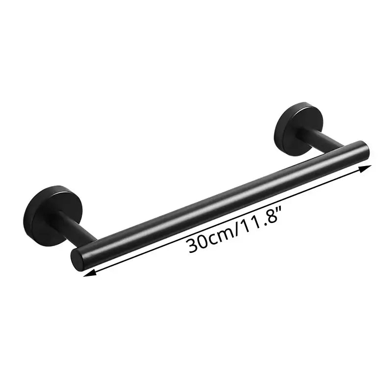 Black matte-finished metal towel rack with circular wall mounts from decorbites bathroom hardware set for organized storage