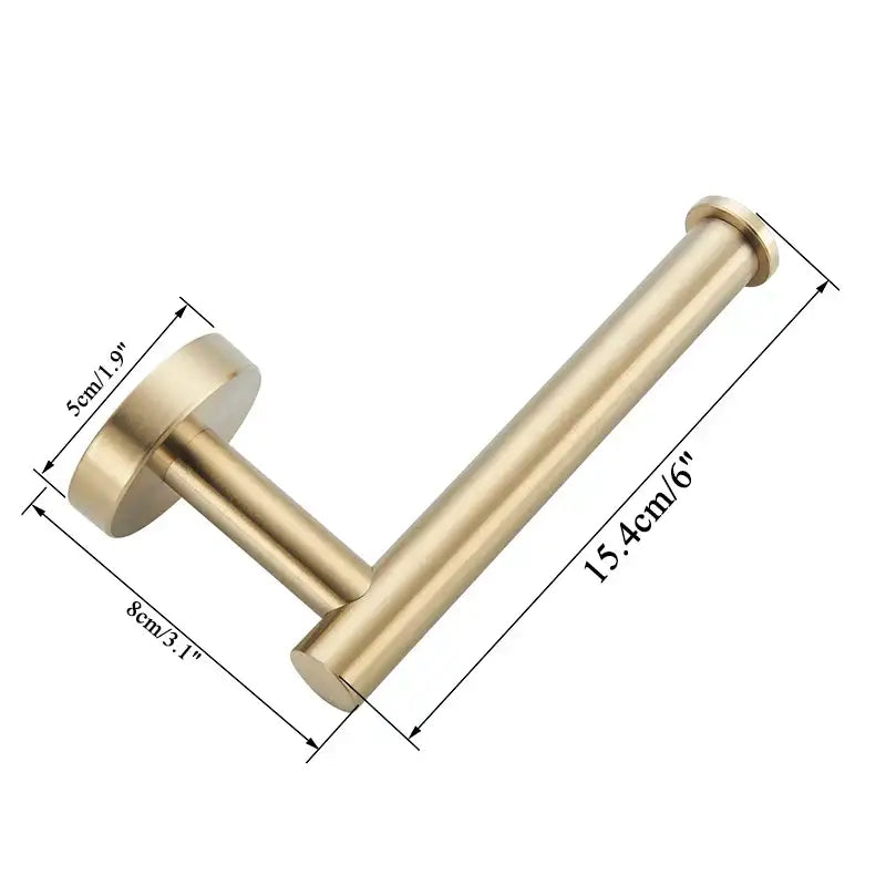 Brass-finished l-shaped toilet paper holder with sleek cylindrical design in decorbites bathroom hardware set