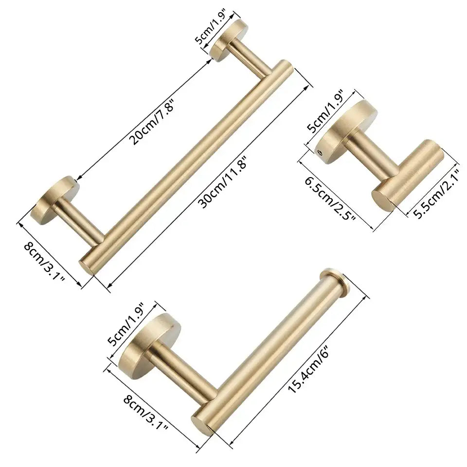 Gold-toned metal toilet paper holders with sleek minimalist design in the decorbites™ bathroom hardware set