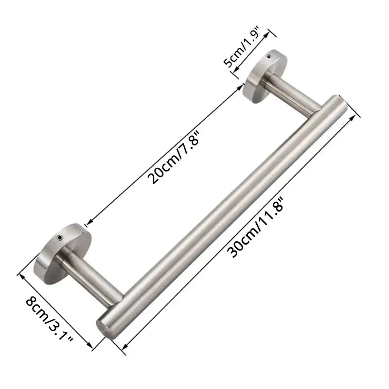 A sleek brushed stainless steel towel rack with cylindrical design in the decorbites bathroom hardware set