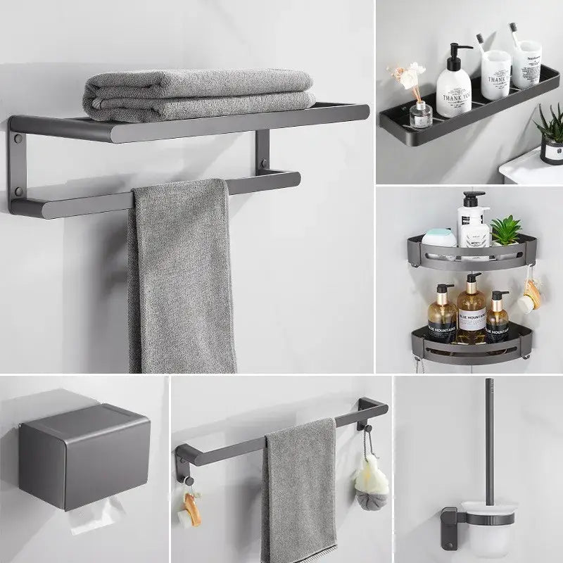 Modern matte black metal bathroom shelf with integrated towel rack from decorbites bathroom hardware set