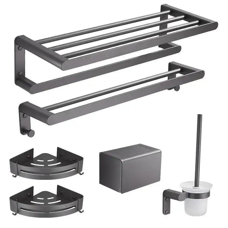 Set of modern matte black DecorBites bathroom hardware set including towel racks, corner shelves, and toilet brush holder