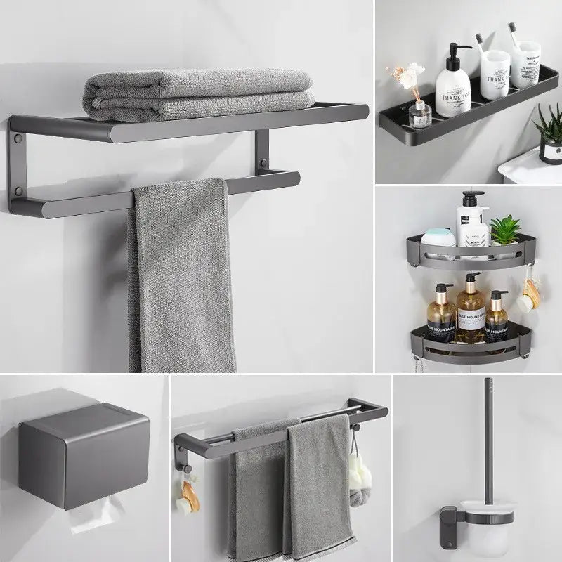 Matte black metal bathroom shelf with integrated towel rack from decorbites bathroom hardware set for organized storage