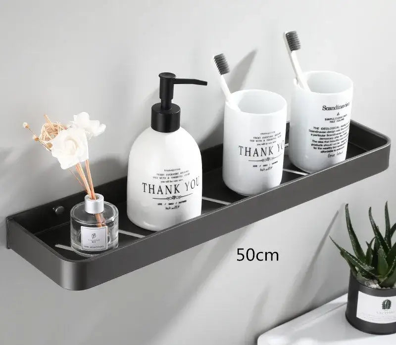 Black metal bathroom shelf with sleek modern design 50cm length in decorbites bathroom hardware set