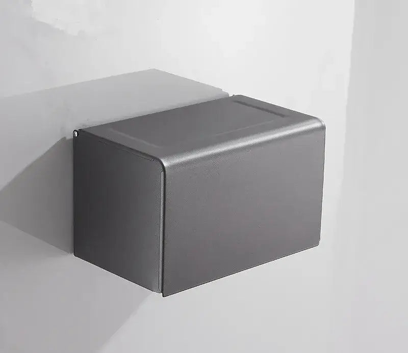 Modern matte gray metal wall-mounted tissue box with minimalist rectangular design from decorbites bathroom hardware set