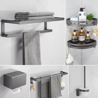 Modern matte gray metal bathroom shelf with two tiers for towels in the decorbites bathroom hardware set