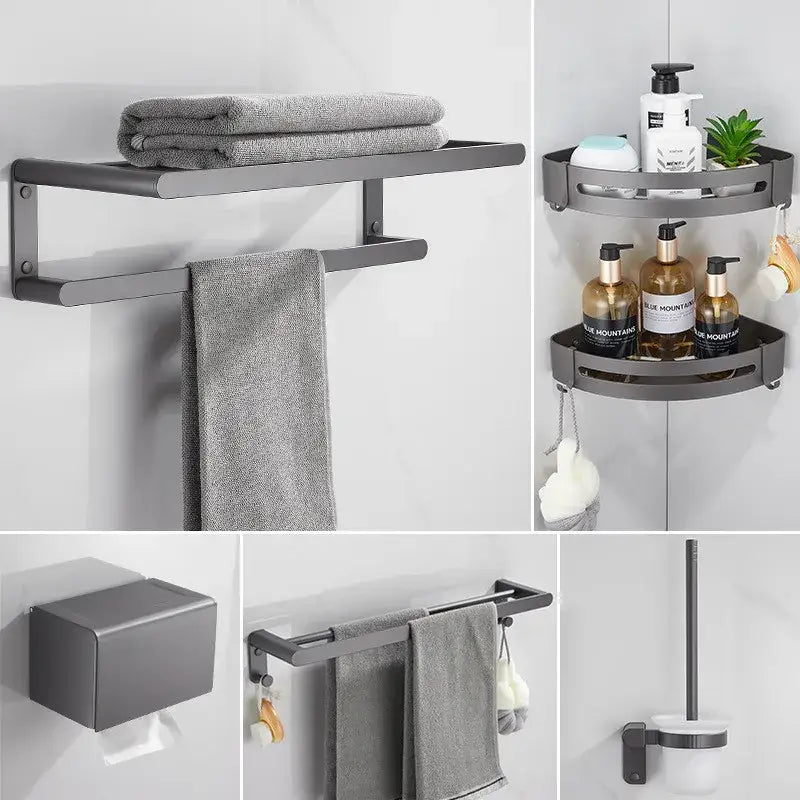 Modern matte gray metal bathroom shelf with two tiers for towels in the decorbites bathroom hardware set