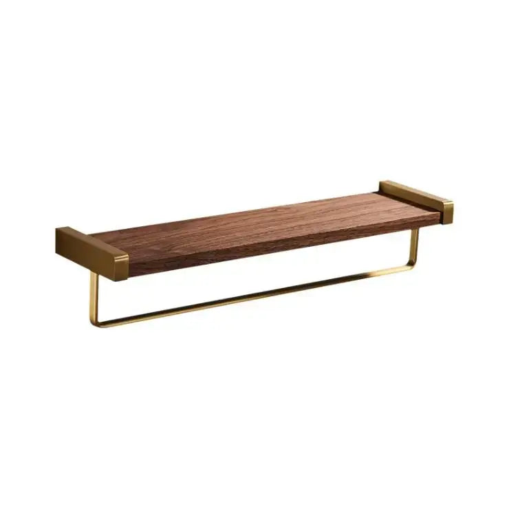 Modern bathroom hardware set with rich brown wooden top and gold toned space aluminum frame for bathroom storage