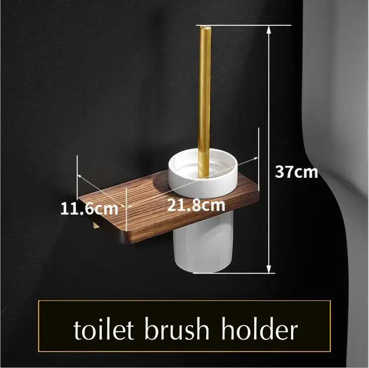 Modern toilet brush holder with white ceramic base dark wood mount and gold metal handle from decorbites bathroom hardware set