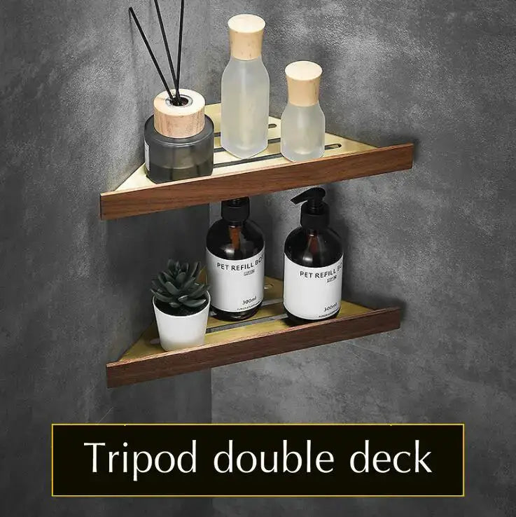 Dark wood tripod double deck shelf with matte finish and light wooden slats from decorbites bathroom hardware set