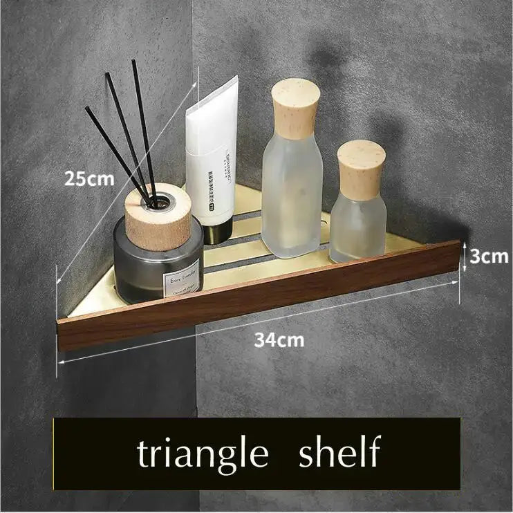 Dark wood triangle shelf with light interior and metal bars included in decorbites™ bathroom hardware set made of space aluminum