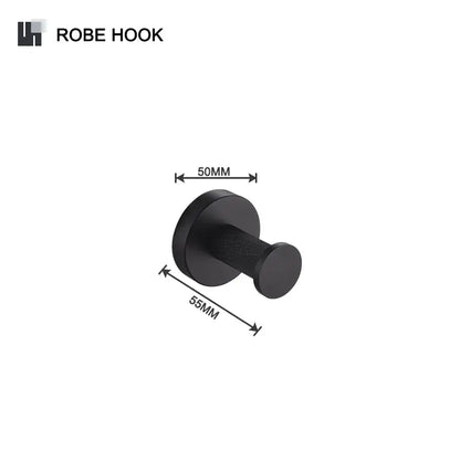 Black matte robe hook with textured grip and rounded head from decorbites bathroom hardware set for hanging towels