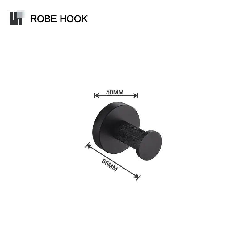 Black matte robe hook with textured grip and rounded head from decorbites bathroom hardware set for hanging towels
