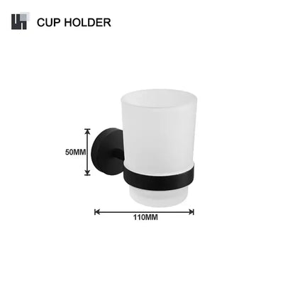 White frosted glass cup holder with black metal base and accent band from decorbites bathroom hardware set