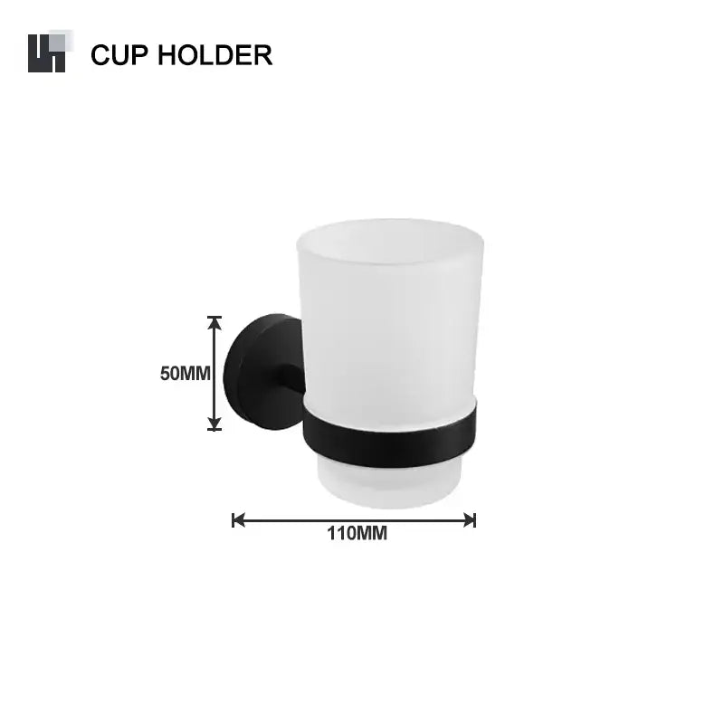 White frosted glass cup holder with black metal base and accent band from decorbites bathroom hardware set
