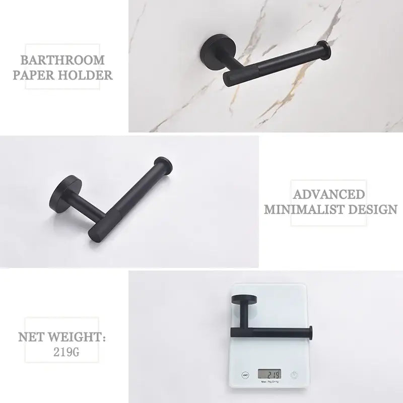 Black matte metal bathroom paper holder with minimalist l shaped design from decorbites bathroom hardware set