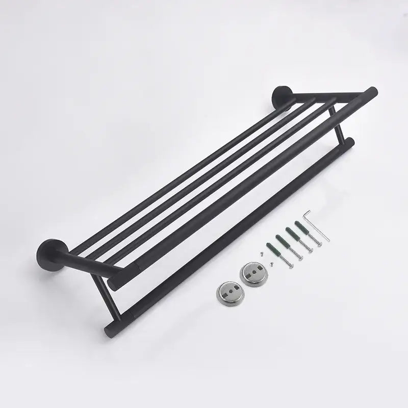 Black matte metal towel rack with four bars and circular end caps from decorbites bathroom hardware set