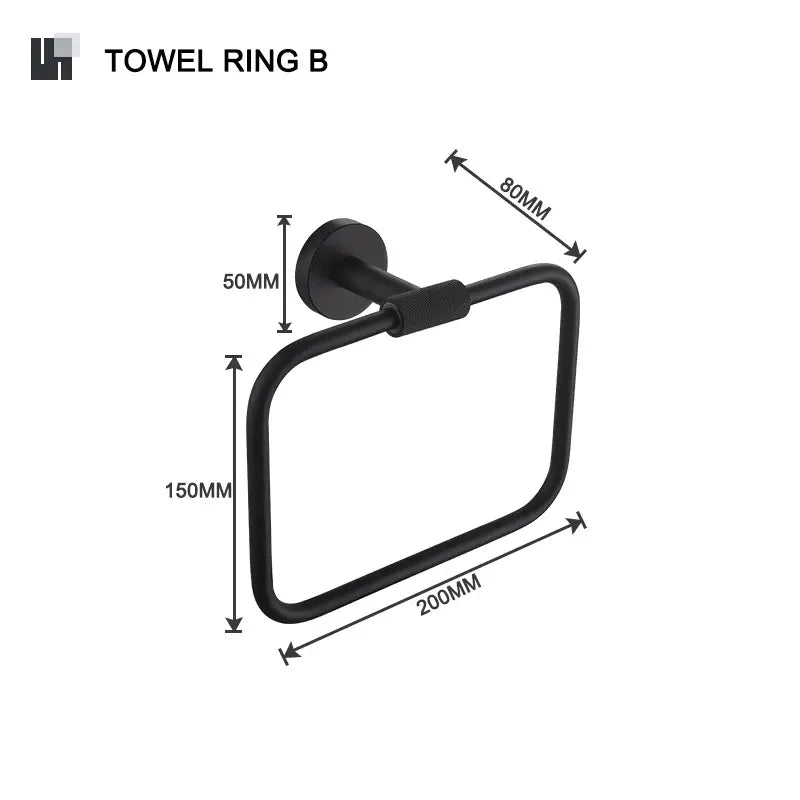 Black matte towel ring with rectangular loop and textured grip in decorbites bathroom hardware set for organized storage