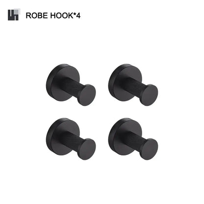 Set of four sleek black textured cylindrical robe hooks from decorbites bathroom hardware set for towels and robes