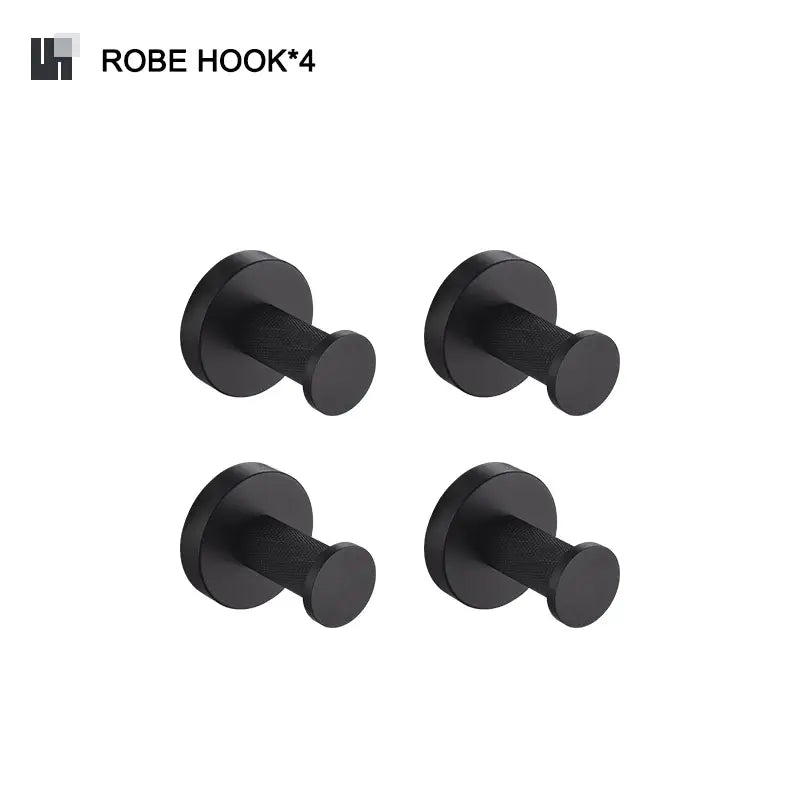 Set of four sleek black textured cylindrical robe hooks from decorbites bathroom hardware set for towels and robes