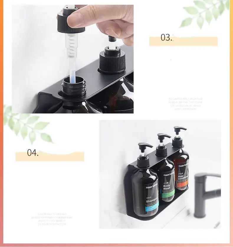 Black wall-mounted liquid soap dispenser rack with three amber 500ml pump bottles labeled shampoo body wash and hair conditioner made of sus 304 and ABS materials